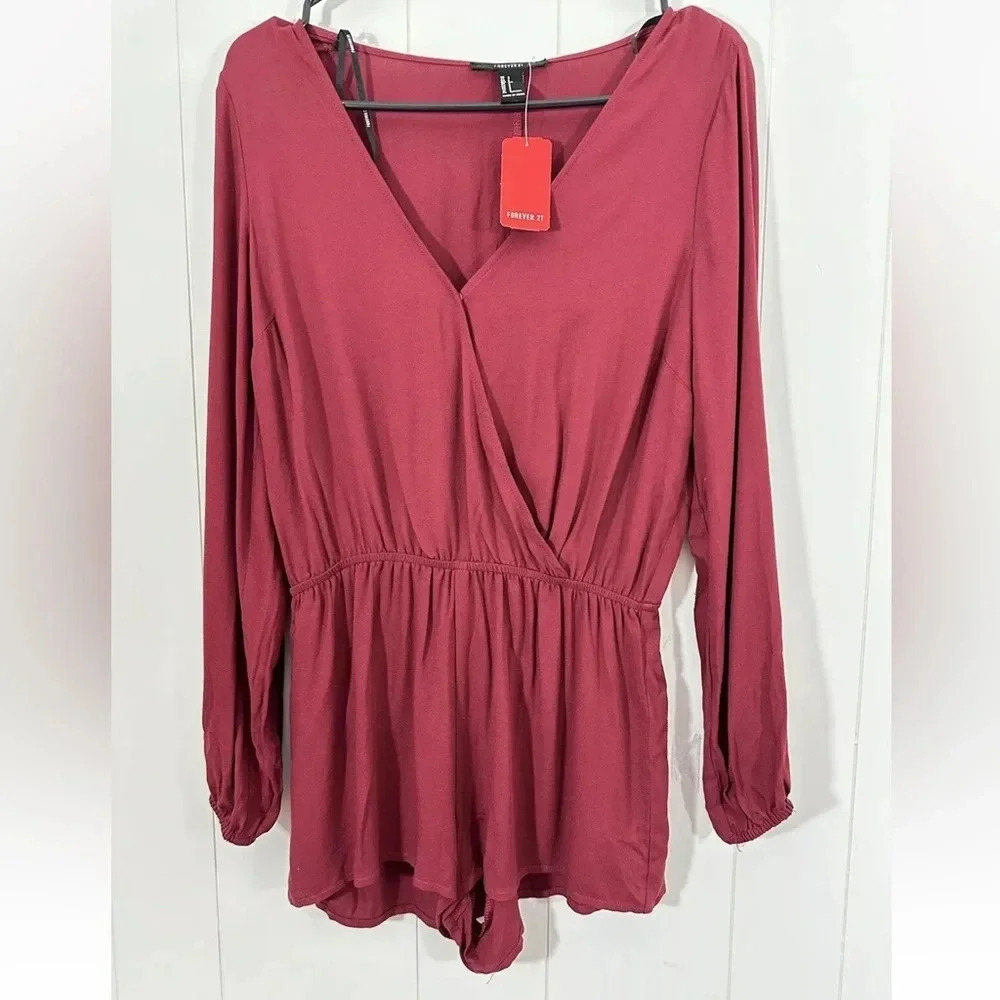 Forever 21 Burgundy Sz S Long Sleeve Romper V-Neck Cotton LIGHTWEIGHT